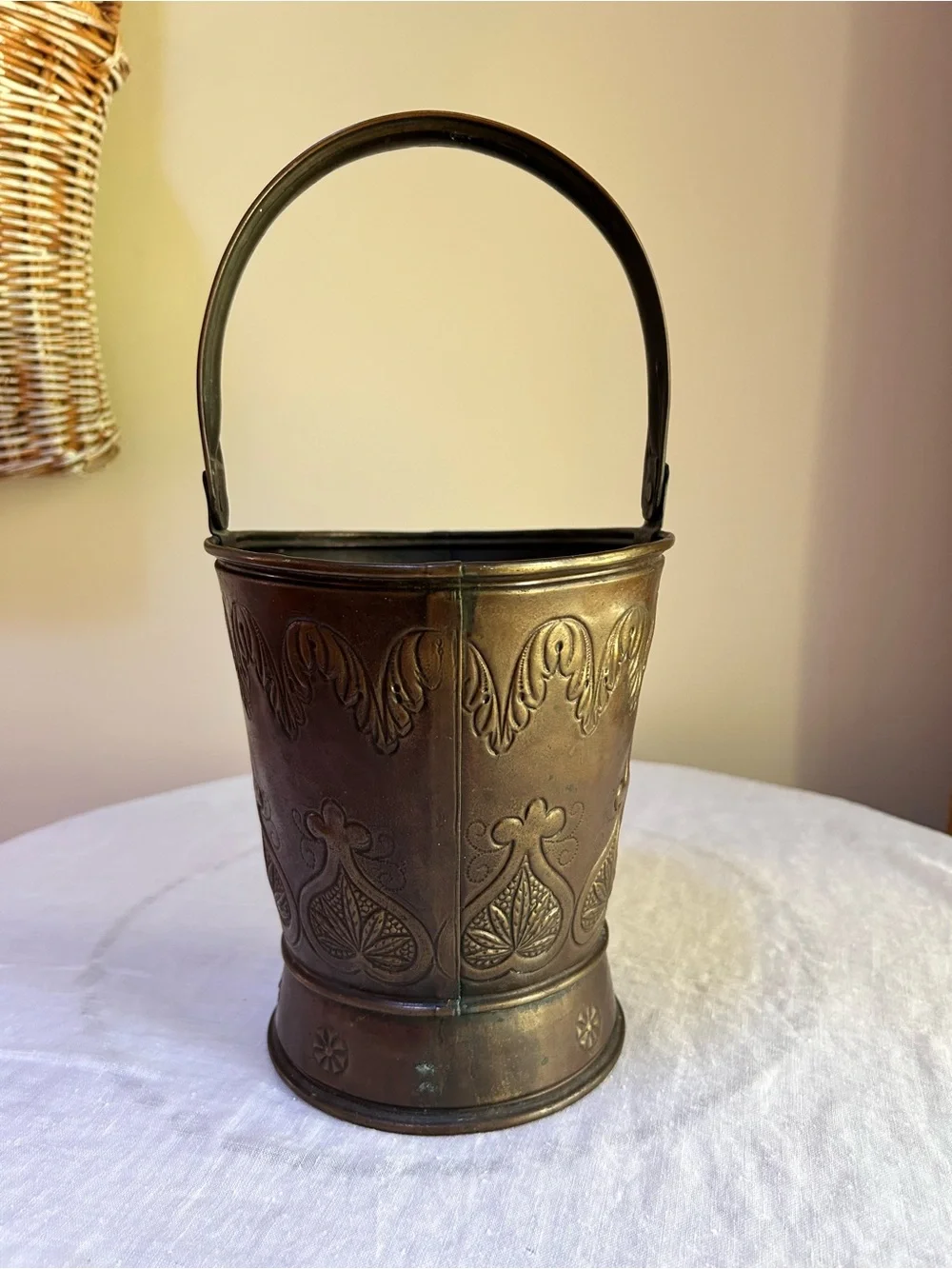 Vintage Mid-Century Embossed Brass Coal Bucket